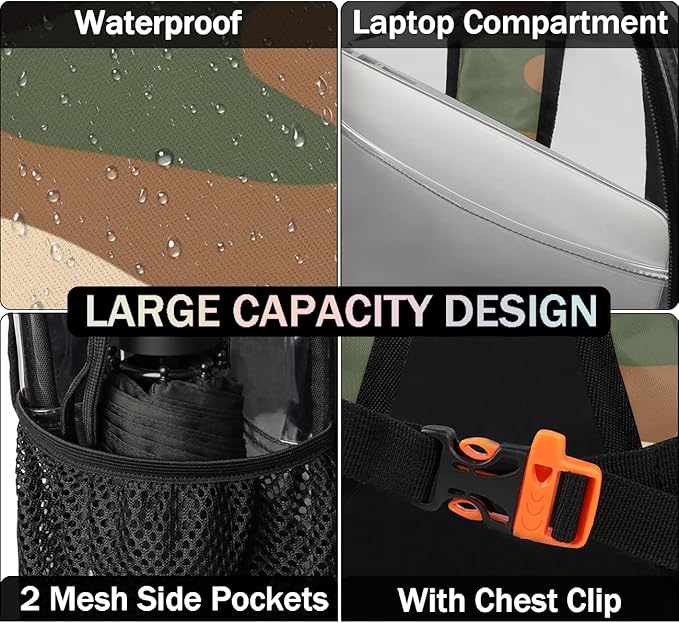 Brown Camouflage Military Heavy Duty Clear Backpack Large PVC Transparent Backpack See Through Bag for Work Sports Travel Security Stadium Events