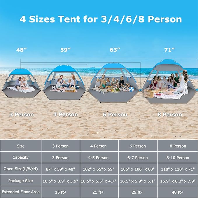 Venustas Beach Tent Sun Shelter for 3/4/6/8 Person UPF 50+ UV Protection Beach Canopy Lightweight and Easy Setup Cabana Portable Shade Tent
