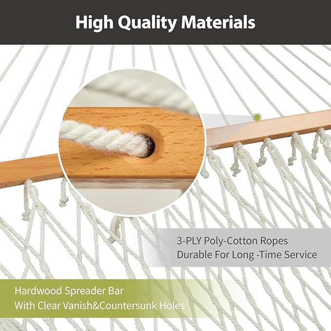 CHULIM Outdoor Double Hammock with Hardwood Spreader Bars Large Rope Hammock with Polyester Pad and Pillow 475 LBS Capacity for 2 Person Patio Backyard Poolside - Green