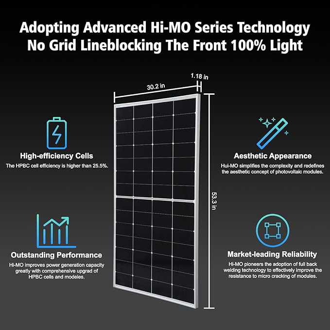 200 Watt Solar Panel HPBC 225w Solar Panels 25.5% High-Efficiency Solar Cell rv Solar Panels IP68 Rate for Home Off-Grid System Roof RV Boat Marine Trailer Farm(HPBC 225w)