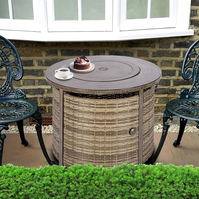 OutVue 32 inch Propane Fire Pit TableWicker Gas Fire Pits Table with Lid &amp Lava Rocks 50000 BTU Round Propane Firepit for Outside Fire Table for DiningParty PatioYard