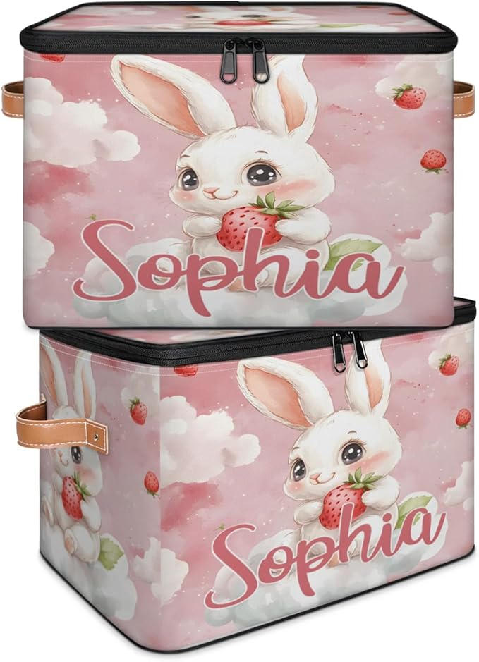 Custom Storage Basket with Name Personalized Storage Bins with Zipper Lid Foldable Fabric Storage Box Large capacity with Handle Clouds Rabbit Strawberry