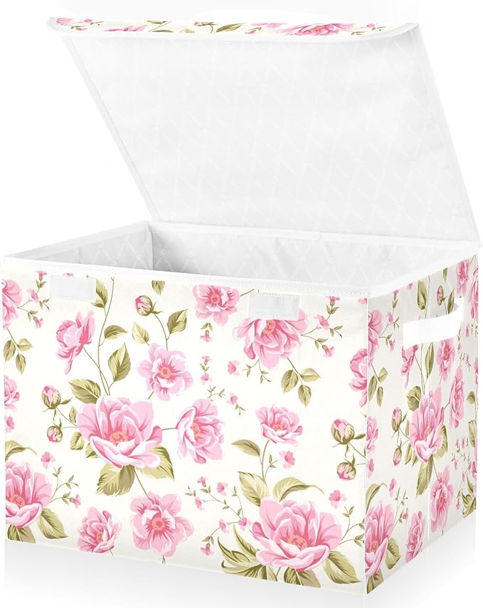 Storage Box Rose Flower Floral Closet Storage Bins with Lids Foldable Oxford Fabric Storage Box for Home Bedroom Closet Office (16.5x12.6x11.8 in)