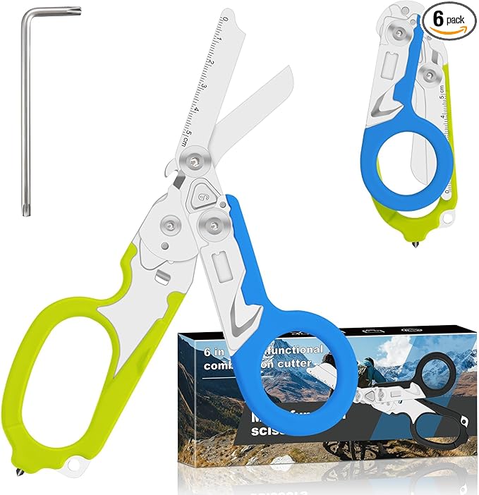 Lemasa6 in 1 Multifunctional Combination Tool Folding Retractable Emergency Shears Outdoor Camping Tools Seat Belt Cutter Oxygen Cylinder Wrench Complimentary Adjustable Wrench (blue-green)