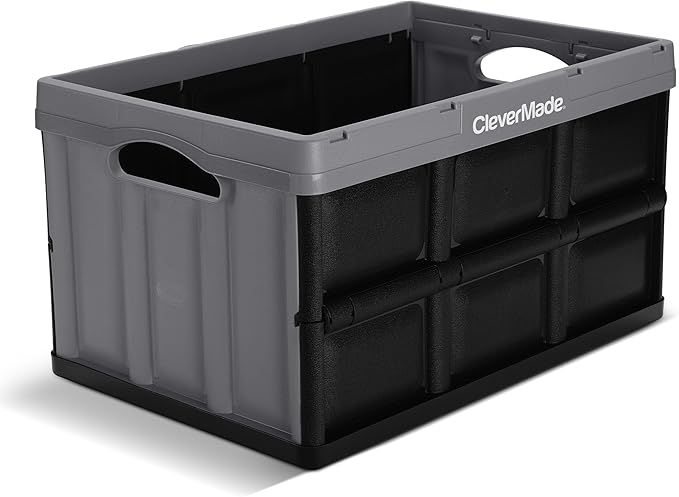 CleverMade Collapsible Storage Bins 46L (3-Pack) – Heavy Duty Collapsible Plastic Storage Bins Stackable Folding Storage Bins for Car Garage Home Organization - Foldable Bins Stone