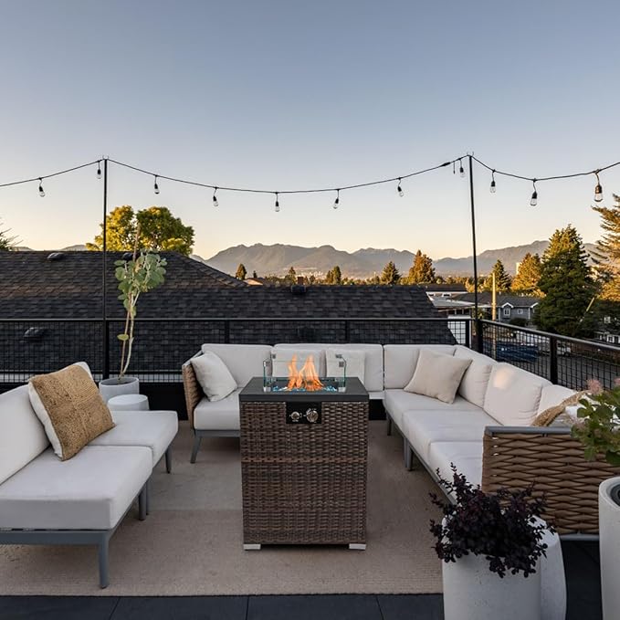 22in Outdoor Propane Gas Fire Pit Table 40000 BTU Auto-Ignition Gas Firepit with Glass Wind Guard Painted Steel Tabletop Mixed Color Glass Rocks Brown PE Rattan