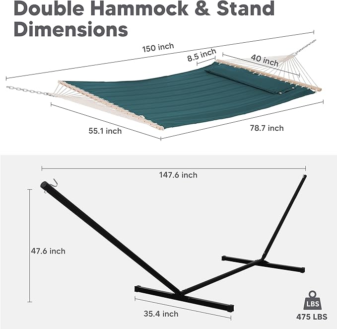SUNCREAT Hammocks Extra Large Double Hammock with 12 ft Stand for Outside 475lbs Capacity Outdoor Portable Hammock with Hardwood Spreader Bar Extra Large Pillow Dark Green