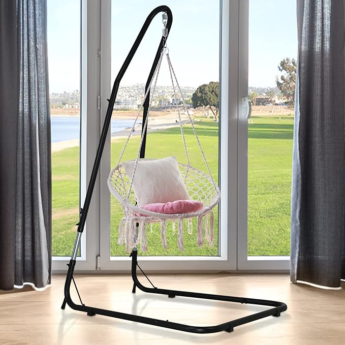 Dkeli Hammock Chair Stand Portable Heavy Duty Solid Steel Stand Only Outdoor Indoor Hanging Chair Stand for Air Porch Swing Chair w/Weather-Resistant Finish Offset Base 360-Degree Rotation Black