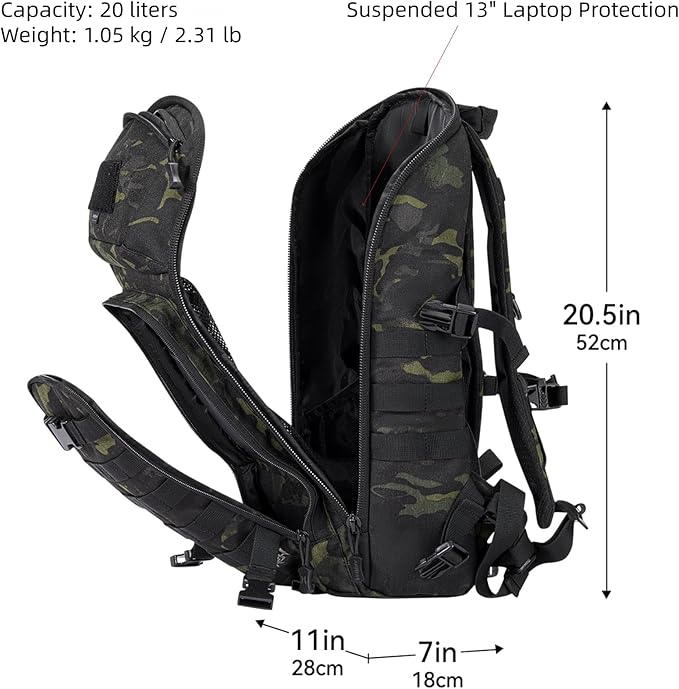 AMHEH 20L 1050D Slim Tactical Backpack - 13 Laptop Suspended Protection Heavy Duty Urban Commuting Everyday Carry Daypack Black Camo