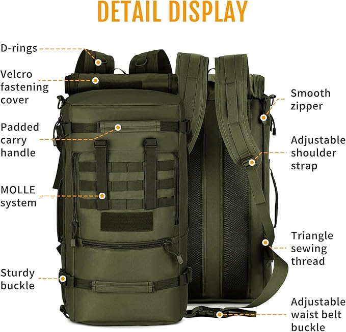 HUNTVP 50L 3 Way Tactical Backpack Military MOLLE Assault Backpack Modular WR Bag