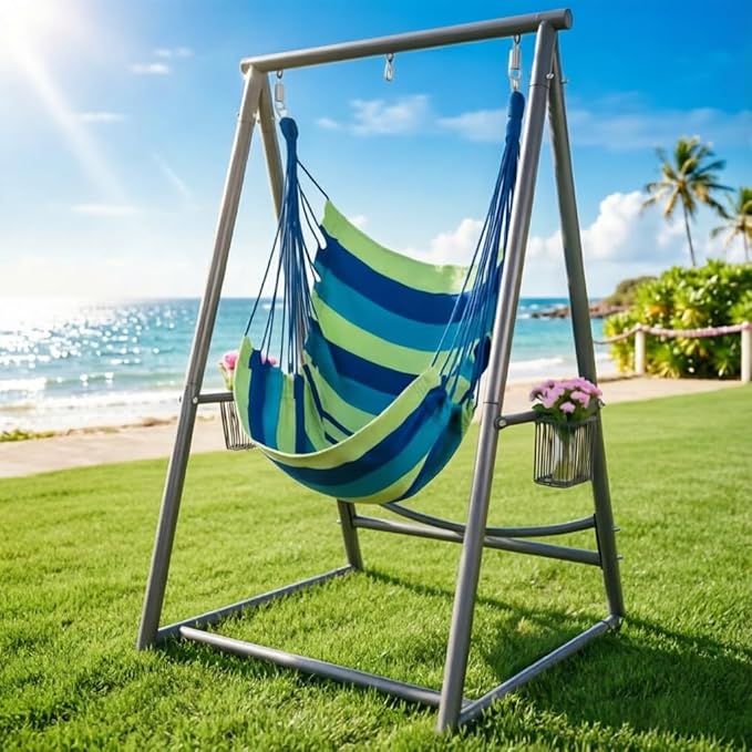 YOXIFOC Reinforced Base &amp Triangular Structure Hammock Stand with 2 Storage Baskets Swing Stand with 3 Hooks Fit for Most Hanging Chair for Oudoor&ampIndoor (with Chair) (Gray)