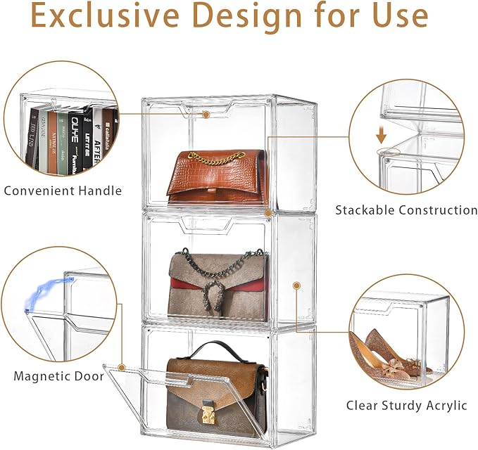 3 Pack Clear Storage Bins with Lids Storage Containers with Magnetic Door Stackable Acrylic Display Case for Handbags Cosmetic Multifunctional Storage Boxes for Dorm Living Room Bedroom Storage