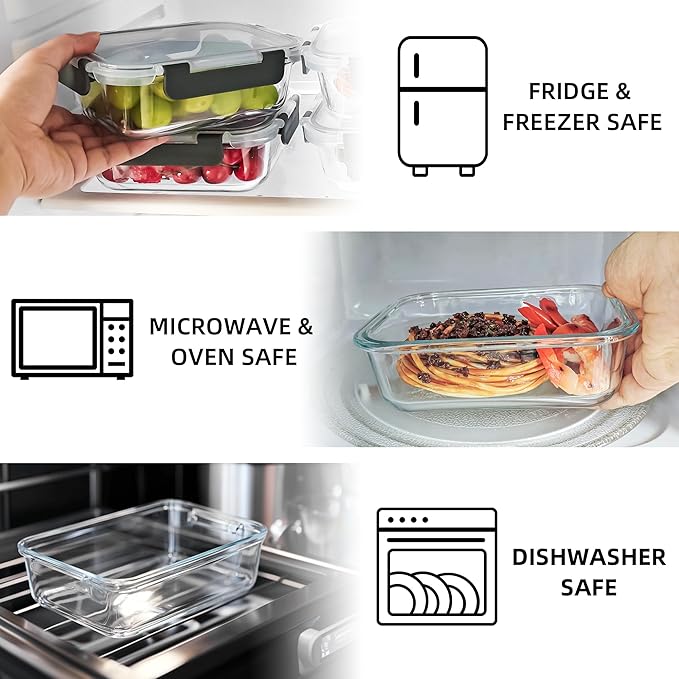 10 Pack 22 oz Glass Meal Prep Containers Food Storage Containers with Lids Airtight Leakproof Lunch Containers for Kitchen Freezer Microwave Dishwasher Safe (Grey)