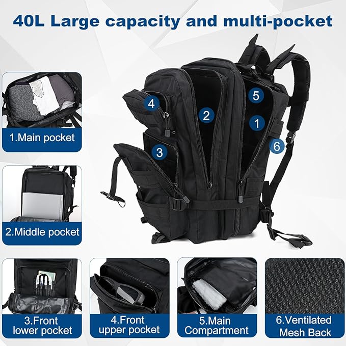 Tactical Backpack for Men 40L Military Molle Backpack Large 3 Day Assault Pack Rucking Backpack for for Hiking Camping Travel Fishing Outdoors (Black)