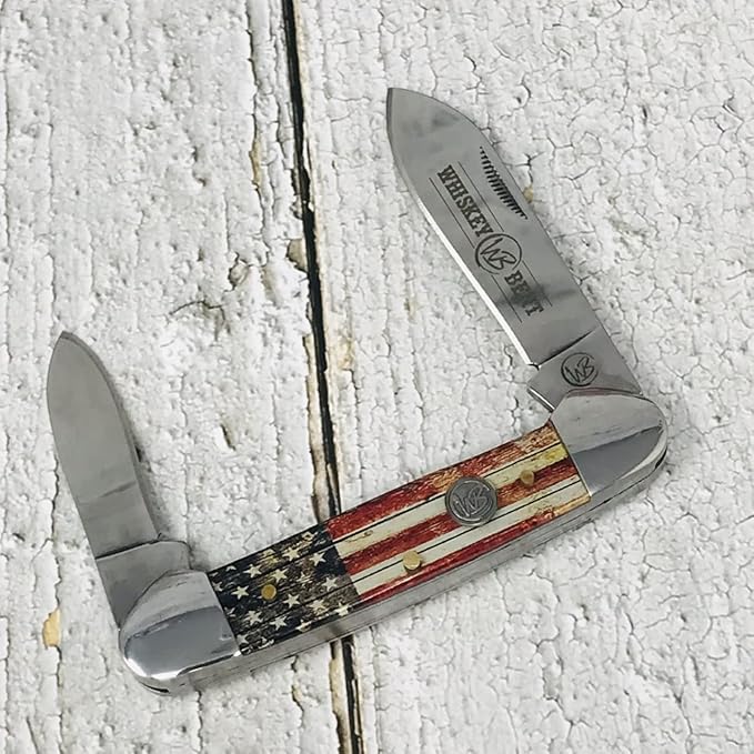 WHISKEY BENT HAT CO. Traditional Canoe Folding Camping Knife 3.63 Closed Length 440C Stainless Steel Blades (Patriot)