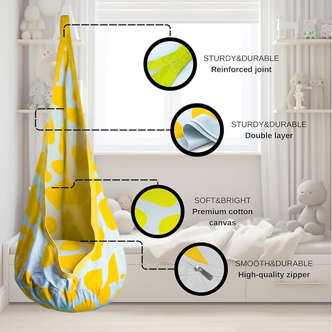 Calming Sensory Swing — Indoor Sensory Hammock for Kids &amp Adults Supports up to 170 lb (77 kg) Double-Layer Canvas Fabric Hanging Hardware Included White-Yellow