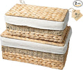 Wicker Storage Baskets with Lid and Lining Built-in Carry Handles Set of 2 Handwoven Water Hyacinth Storage Baskets For Organizing Home Decoration 2 Pack Natural