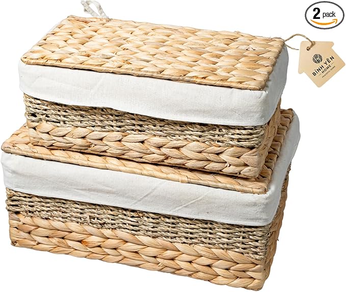 Wicker Storage Baskets with Lid and Lining Built-in Carry Handles Set of 2 Handwoven Water Hyacinth Storage Baskets For Organizing Home Decoration 2 Pack Natural
