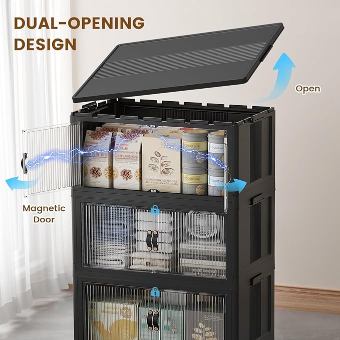 SAILUN 260Qt Stackable Storage Bins Folding Collapsible Storage Bins with Lid Closet Organizers and Storage Box with Door Black 22 W x 13 D x 50 H