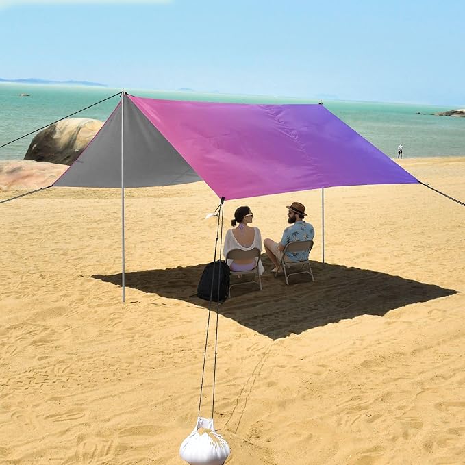 Red Blue Gradient Beach Tent UPF50+ Protection Water-Resistant Shade Sun Shelter Includes Sand Shovel Sandbags Stability Poles for Camping Trips Fishing Backyard Fun or Picnics