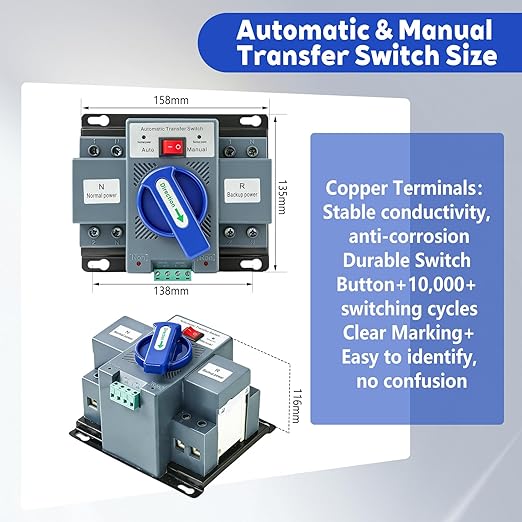 110V 63A Automatic Transfer Switch (ATS) for Home Generators - Dual Power Source Changeover with Auto/Manual ModeInstant Changeover for Home/Commercial/RV/Backup Generator