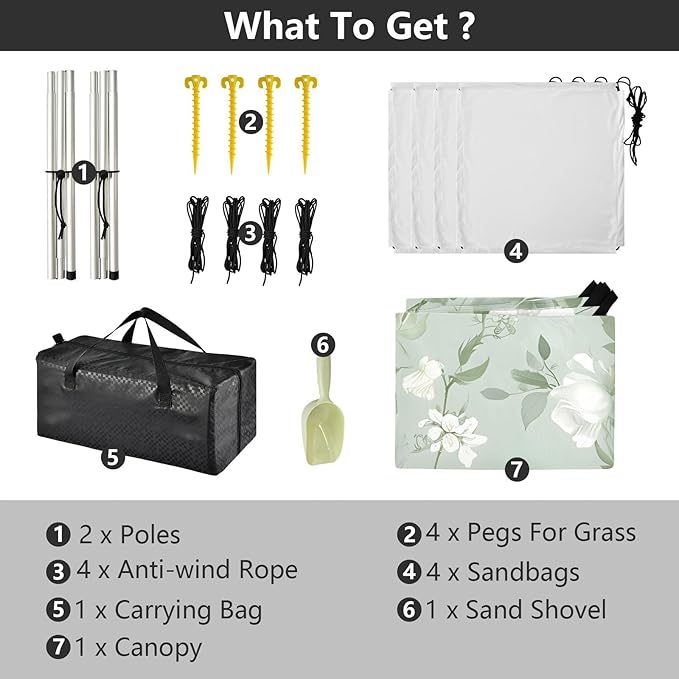 ALAZA White Rose Flower Light Green Beach Tent Sun Shelter UPF50+ Protection Beach Shade Canopy w/ 4 Sandbags for Outdoor Camping Fishing Backyard Fun Picnic 10x9 ft