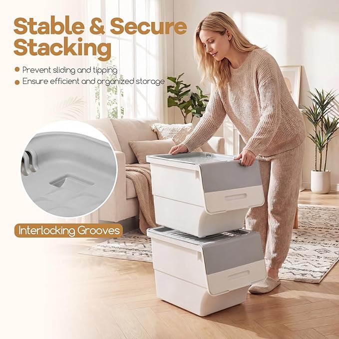 Giantex Plastic Stackable Storage Bins with Lids &amp Wheels 3 Pack Open Front Stacking Bins Organizer Bins for Pantry Kitchen Laundry Closet Playroom Bedroom Organization (35 QT)