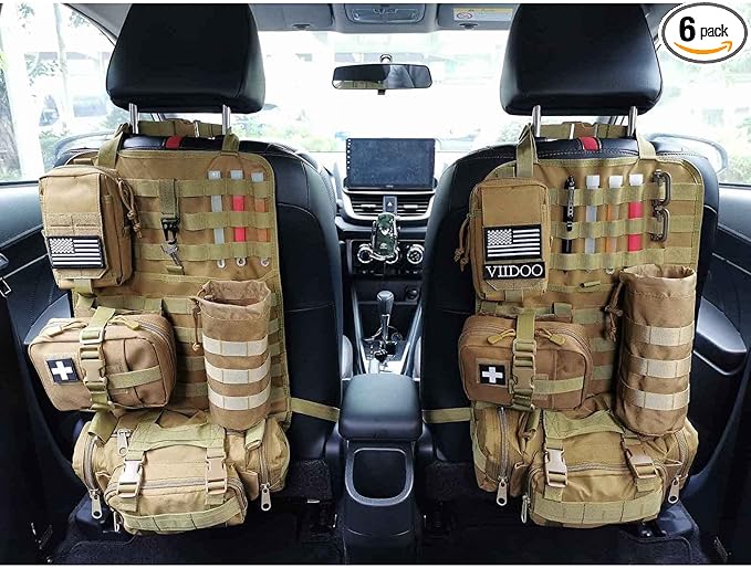 Molle Tactical Seat Back Organizer Panel with Pouches Universal Fit For Vehicle Car Khaki
