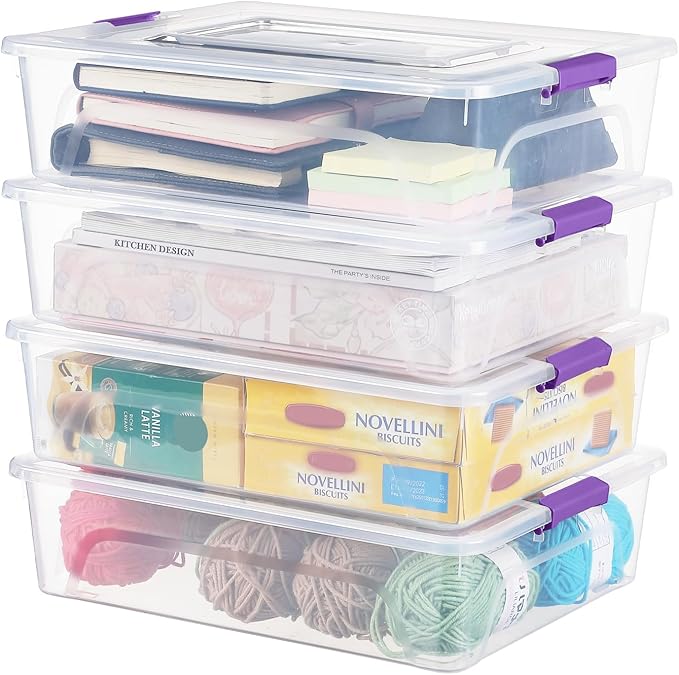 Plastic Storage Bin with Lid Stackable Design Clip Box for Crafts Supplies and Office Items Container (4 Pack 10 Quart Purple)