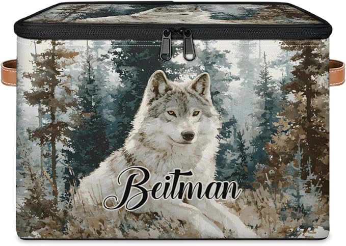Storage-Bins with Lids Handle Customized Stackable-Storage-Bin for Kids-Boys-Girls-Toys Cube Collapsibl Basket Trees Wolf