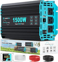 1500 Watt Pure Sine Wave Inverter 12V DC to 120V AC Inverters for Car RV Truck Home Camping Solar Power Inverter with 3 AC Outlet 30W USB-C 5V 3.1A USB Remote Control Surge 3000W