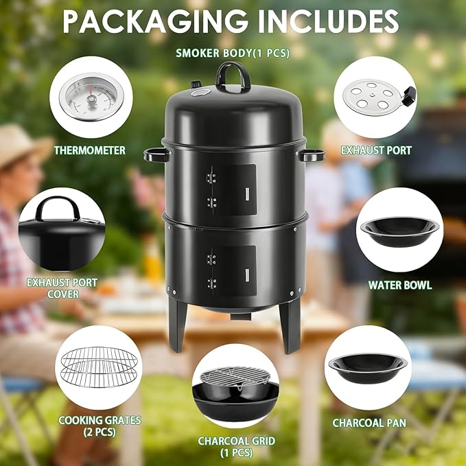 16.5-Inch Vertical Charcoal Smoker Heavy Duty Round Multi-Layer BBQ Grill with Thermometer for Smoking Meats (Black)