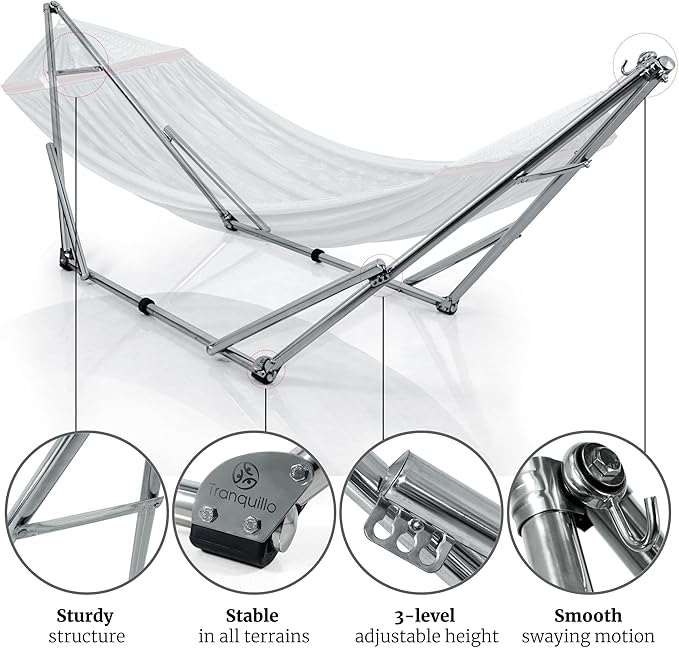 Tranquillo Adjustable Hammock Stand Collapsible Camping Hammock with Stand 650 lbs Capacity Double Hammock Stand Foldable Stainless Steel Breathable Polyester Hammock Net Carry Bag Included Grey