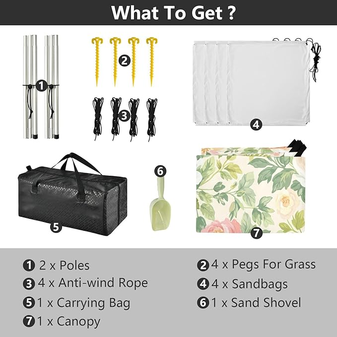 xigua Wildflowers Beach Tent Sun Shelter with Carrying Bag - Silver Coated Oxford Fabric Beach Canopy for Beach Camping Fishing - Includes Windproof Ropes Sandbags &amp Stakes