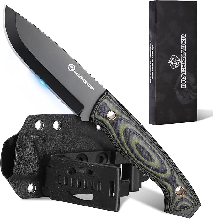 Fixed Blade Survival Knife with Fire Starter Whistle &amp Compass Full Tang D2 Steel Blade Horizontal Carry Sheath for Outdoor Sports