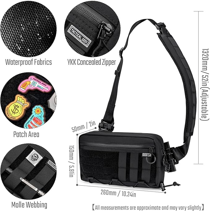 TACTICAL_GEEK Cache L3 EDC Sling Bag Chest Lightweight Shoulder Daypack 500D Nylon Travel Hiking Concealed Carry Crossbody Bag Tactical Backpack Hiking Ambidextrous Strap Black