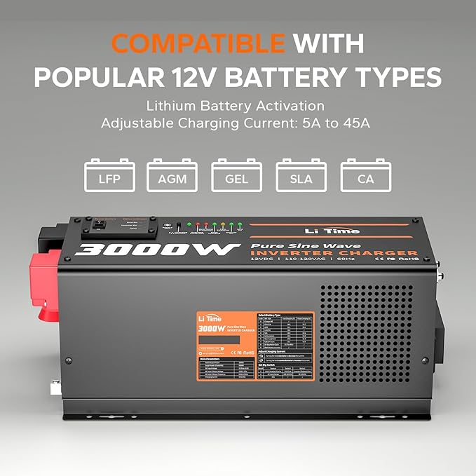 LiTime 3000W Inverter Charger Pure Sine Wave Inverter 12V DC to 120V AC 9000W Peak Power UPS Function 5A - 45A Adjustable Current LCD Remote Control for RV Home Backup Truck Boat