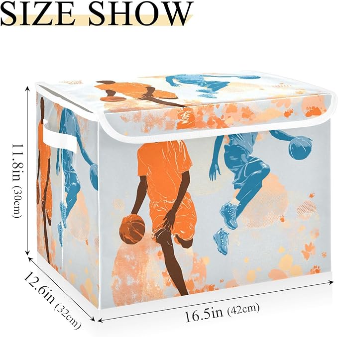 Orange Blue Basketball Players Splash Storage Box with Lid 1 PC Foldable Storage Bin with Lids Stackable Storage Bins Cube Closet Organizer Basket with Flip-Top Lid &amp Handles for Shoes Books Towel