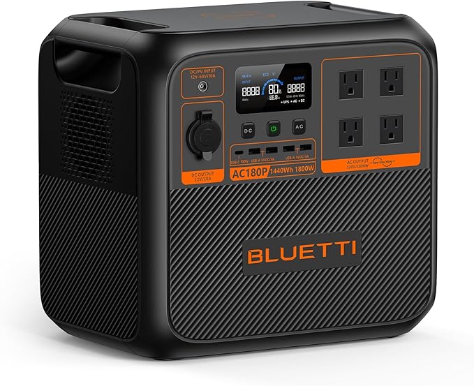 BLUETTI AC180P Portable Power Station 1440Wh LiFePO4 Battery Backup w/ 4 1800W (2700W Power Lifting) AC Outlets 0-80% in 45Min Solar Generator for Camping Off-grid Power Outage