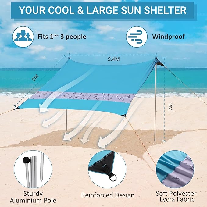 Villey Beach Tent Sun Shelter with UPF50+ Protection 8×7FT Portable Sun Shade with 2 Stability Poles 8 Ground Pegs 4 Sandbags and Sand Shovel Outdoor Beach Canopy for Camping Trips Picnics