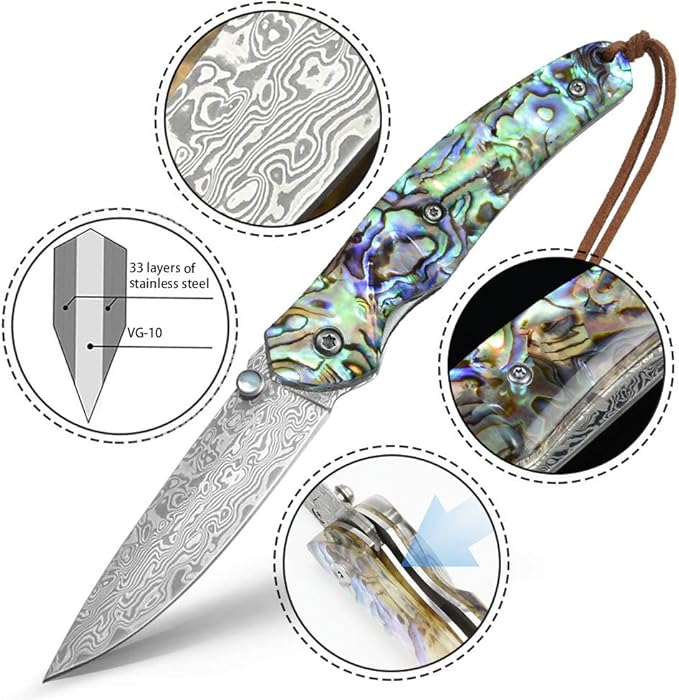 NedFoss Pocket Knife Damascus Pocket Knife with Abalone Shell Handle Handmade Forged Damascus Steel Folding Knife with Gift Box Excellent Gifts for Men Women (A-Polar Bear)