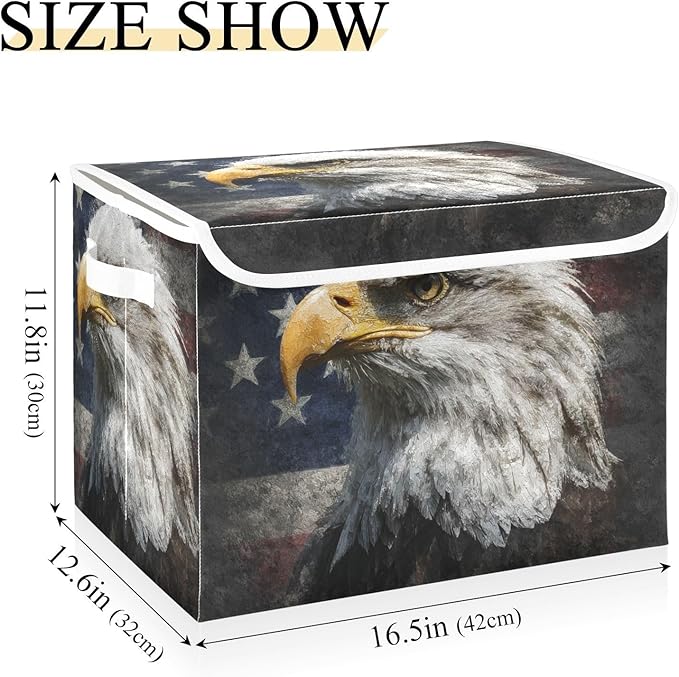 Usa Flag Eagles 4th July Storage Box with Lid 1 PC Foldable Storage Bin with Lids Stackable Storage Bins Cube Closet Organizer Basket with Flip-Top Lid &amp Handles for Shoes Books Towels