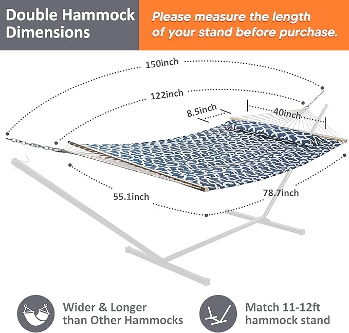 SUNCREAT Double Tree Hammock with Hardwood Spreader Bar Extra Large Soft Pillow Heavy Duty Hanging Hammock for Indoor Outdoor Blue Pattern