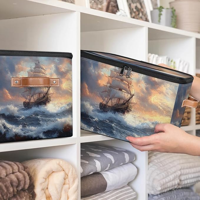 Storage Bins with Lids Ship Ocean Storage Basket Clothes Organizer with Handles Closet Storage Containers for Clothing Bedding Blanket