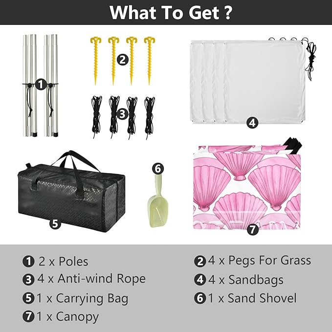 xigua Scallop Beach Tent Sun Shelter with Carrying Bag - Silver Coated Oxford Fabric Beach Canopy for Beach Camping Fishing - Includes Windproof Ropes Sandbags &amp Stakes