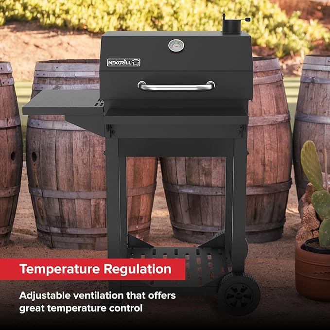 Nexgrill 22 Barrel Charcoal Grill with Side Shelf 550 SQ In Cooking Space Adjustable Chimney Air Dampers Temperature Gauge Warming Rack Smoker Grill for Camping Picnics and More - 810-0025