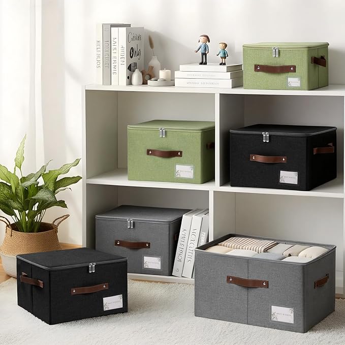 Lucky Monet 3PCS Storage Bins with Zipper Lids 15x10x10 Foldable Lidded Fabric Storage Boxes Baskets Cotton Linen Closet Shelf Clothes Organizer with Handles &amp Label Pocket (Green Large)