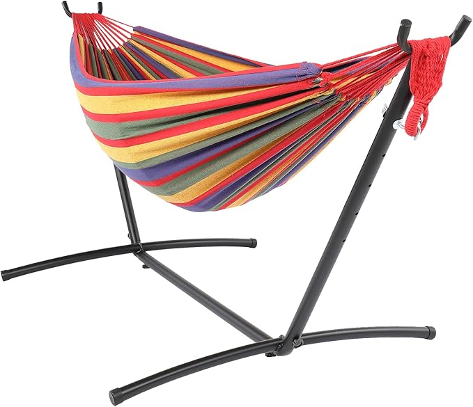 Black Steel Pipe Hammock Frame with 200X150cm Polyester Cotton Hammock Four Red Strip Natural Rope Iron Hammock Set