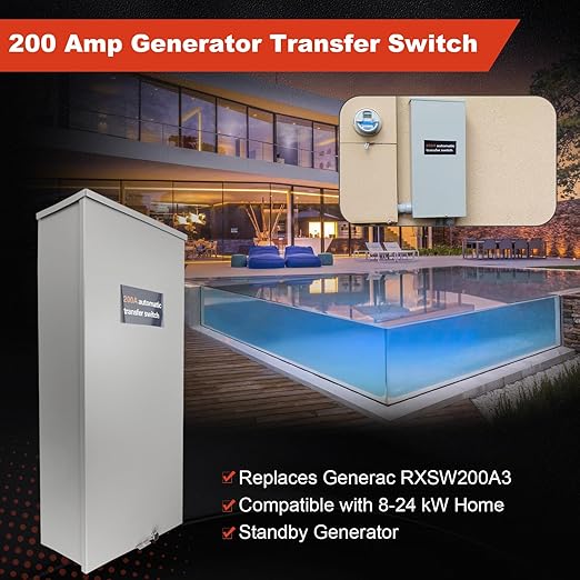 200 Amp Single Phase Generator Automatic Transfer Switch Compatible with Generac RXSW200A3Power Management for Outdoor and Indoor Use Service Entrance Rated NEMA 3R Aluminum Enclosure 120/240 V