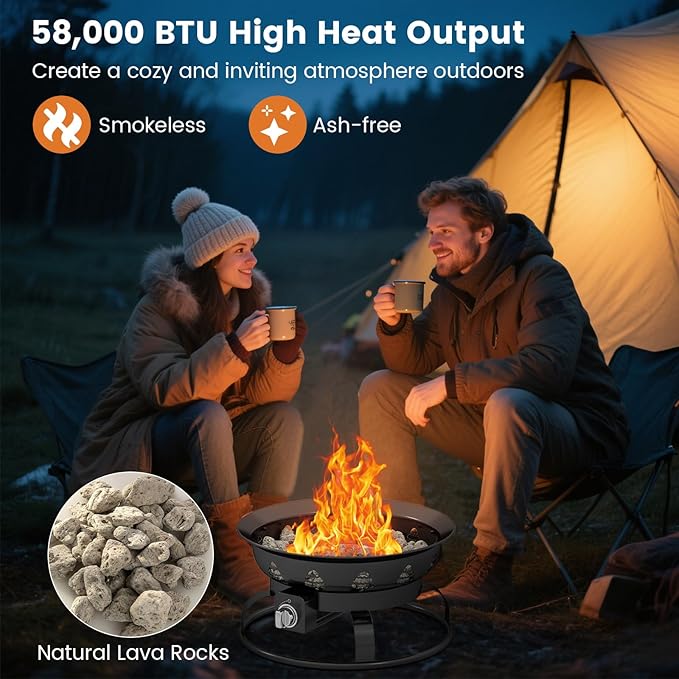 Giantex Portable Propane Fire Pit 21 Inch Smokeless Fire Bowl with Cover Natural Lava Rocks Tank Holder 58000 BTU Round Outdoor Gas Firepit for Outside Camping Patio Yard
